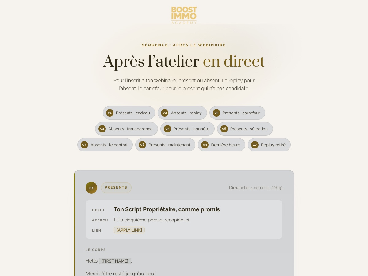 Aperçu de la séquence après le webinaire